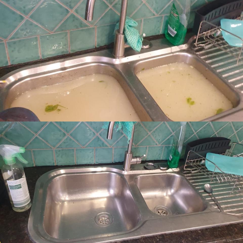 A double kitchen sink full of standing water, then the same sink cleared and draining